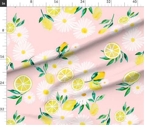 Lemon Fabric Watercolor Lemons And Daisies In Pink By Etsy Espa A