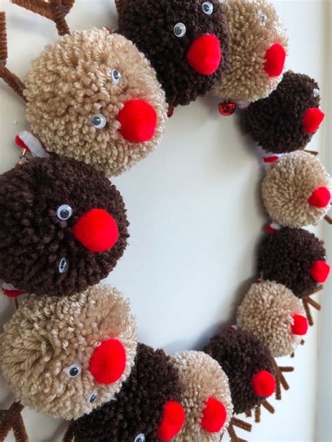 Christmas Reindeer Pom Pom Wreath Etsy