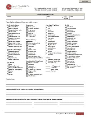 Fillable Online Patient Medical History Form Mark D Le Md Pa Medical