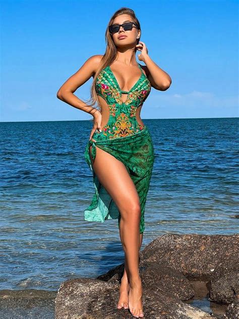 SHEIN Swim BohoFeel Bañador una pieza monokini con estampado con