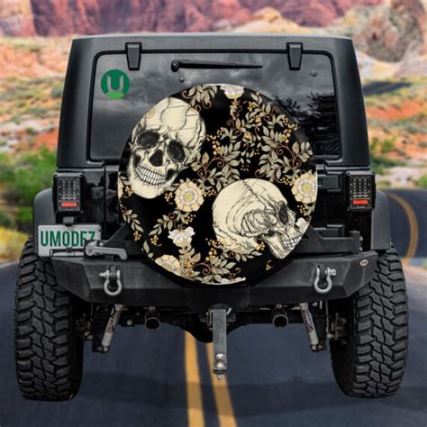 Human Skulls And Folk With Vintage Flowers Spare Tire Cover Jeep Tire