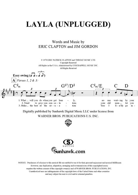 Layla Unplugged Sheet Music By Eric Clapton For Lead Sheet Sheet