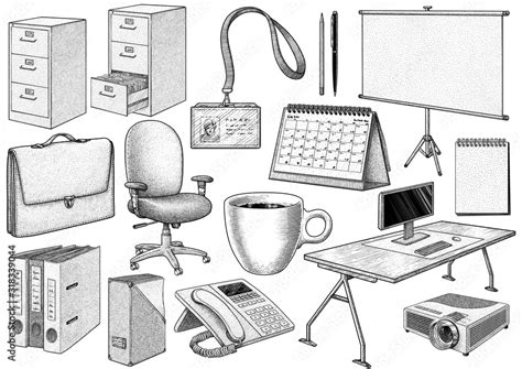 Office Equipment Collection Illustration Drawing Engraving Ink