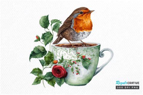 Cute European Robin With A Cup Clipart Graphic By Regulrcrative