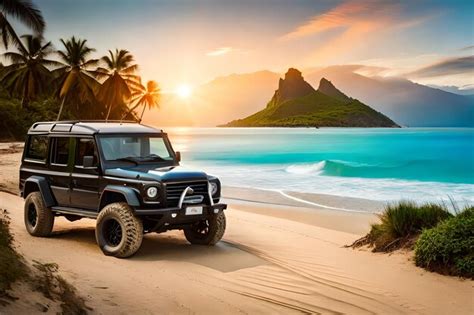 Premium AI Image | Jeep on a beach with a sunset in the background