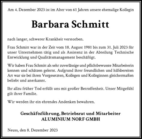 Alle Traueranzeigen für Barbara Schmitt trauer rp online de