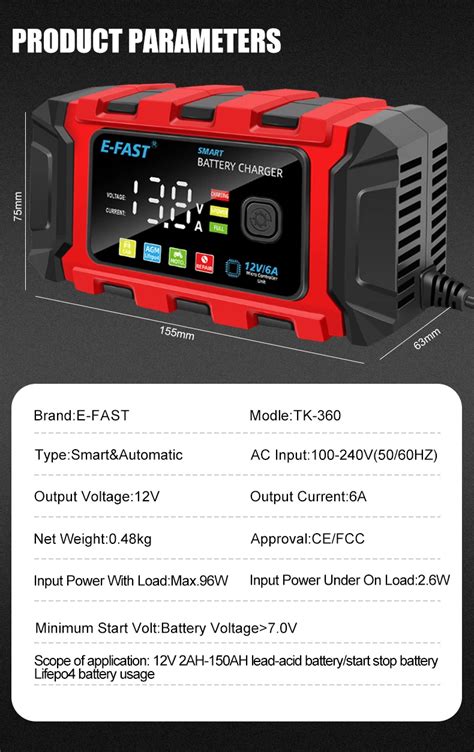 E Fast Tk Smart Car Battery Charger V A Agm Lifepo Battery