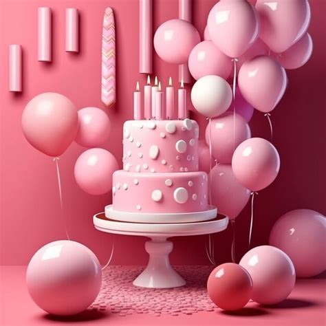 Premium AI Image | there is a pink cake with candles and balloons on a ...