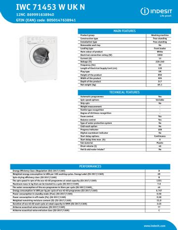 Indesit Iwc W Uk N Washing Machine Nel Data Sheet Manualzz