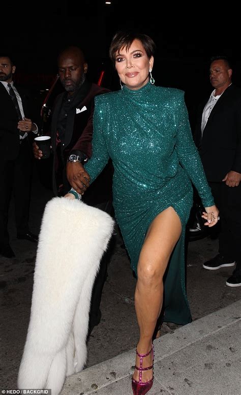 Kris Jenner Is Dressed To Party In Glitzy Green Gown With A Racy Thigh