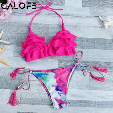 CALOFE Halter Flower Rose Red Bikini Set Low Waist Thong Two Piece Swimsuit Push Up Women Sexy