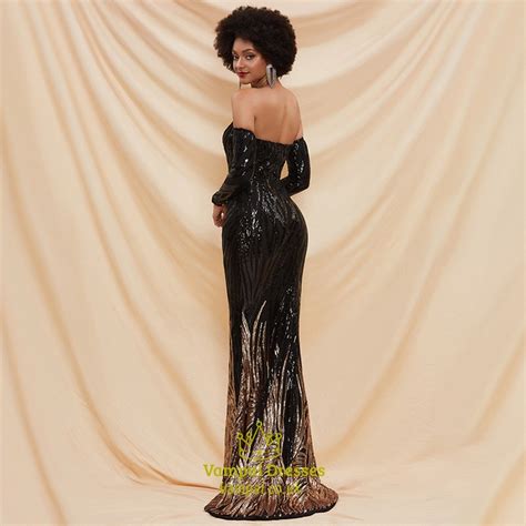 Black Sequin Off The Shoulder Long Sleeve Prom Dress With Gold Accents