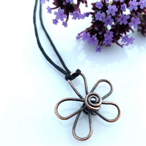 Copper Daisy Flower Pendant Handmade Rustic Boho Wire Jewellery By Wire