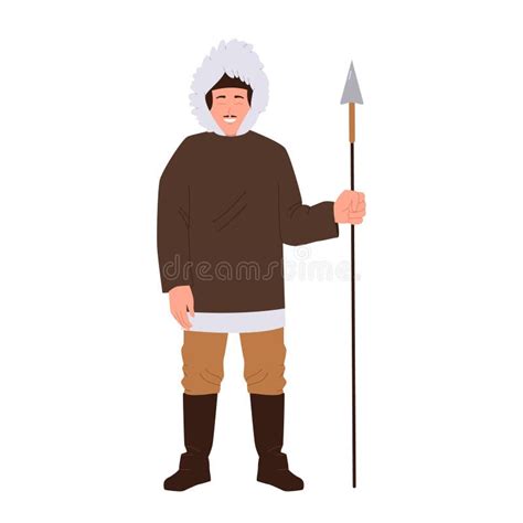 Mature Eskimo Man Hunter Cartoon Character Wearing Traditional Clothes