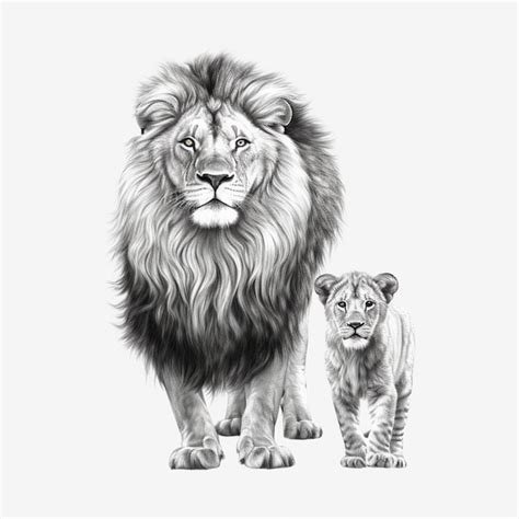 Premium Photo | A drawing of a lion and a lion cub standing next to each other generative ai