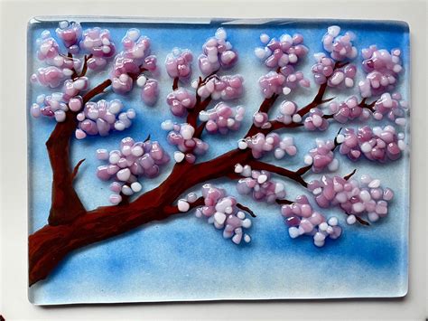 Pink Cherry Blossoms Fused Glass Plaque Etsy Glass Fusing Projects Fused Glass Fused Glass Art