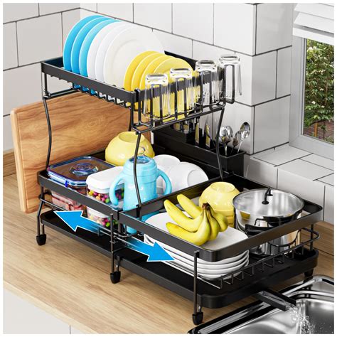 YKLSLH Expandable Dish Drying Rack 2 Tier Large Drying Rack For