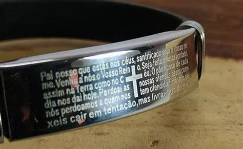 Pulseira Executiva Masculina Couro Luxo Oração Pai Nosso Parcelamento