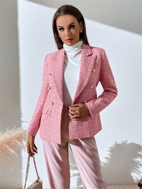 Shein Bizwear Blazer Con Estampado De Cuadros De Doble Botonadura Ropa