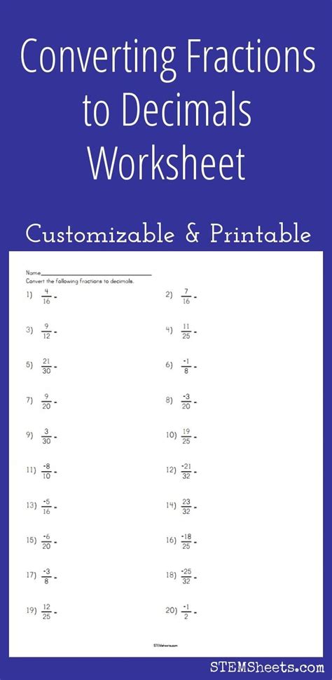 Converting Fractions To Decimals Worksheets