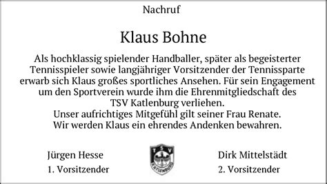 Traueranzeigen Von Klaus Bohne Trauer Hna De