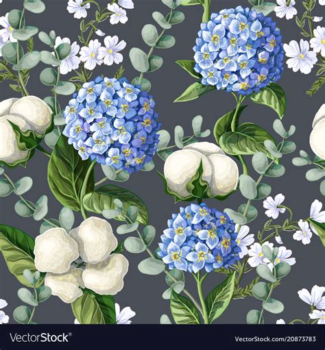 Seamless Pattern With Hydrangea Cotton Flowers Vector Image