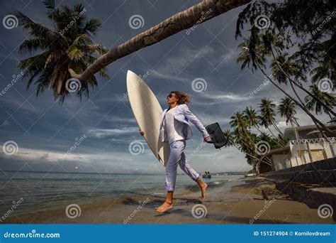 Fashion Businessman With Surfboard On The Beach Stock Photo Image Of