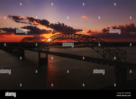 A bird's eye view of Memphis Bridge connecting Tennessee and Arkansas ...