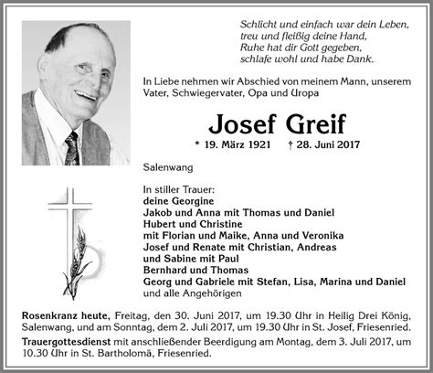 Traueranzeigen von Josef Greif Allgäuer Zeitung