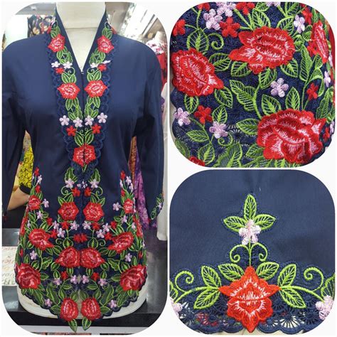 READY STOCKBaju Kebaya Nyonya Sulaman Bunga Warna Biru Gelap Navy