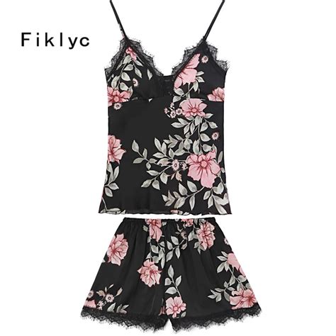 Fiklyc Brand Floral Print Sexy Womens Lace Satin Pajamas Sets With Bra