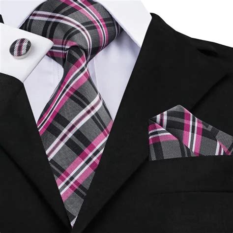 New Fashion SN 946 White Black Fuchsia Plaid Tie Hanky Cufflinks Sets