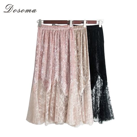 Dosoma Women S Skirt Spring Velvet Stitching Mesh Hollow Out Long