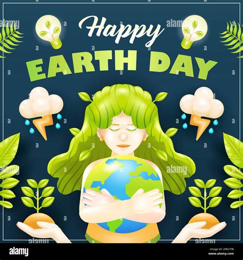 Happy Earth Day Vector 3d Woman Hugging The Earth With Plant Ornaments