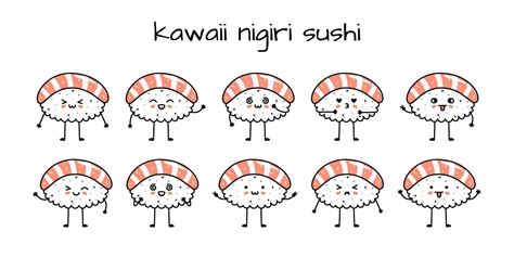 Set Of Kawaii Nigiri Sushi Mascots In Cartoon Style 21470486 Vector Art