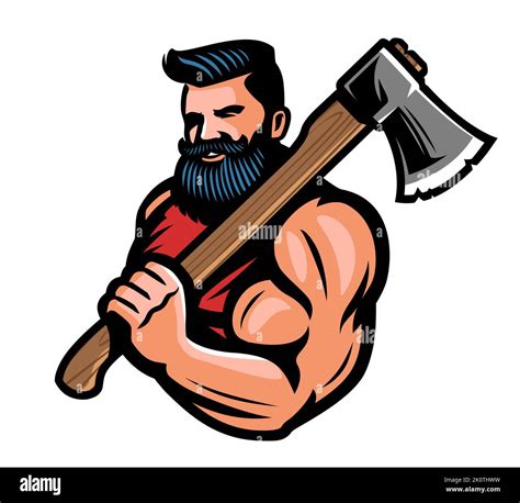 Muscular Bearded Lumberjack With Big Ax In Hand Warrior Or Viking With