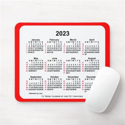 2023 Red 52 Weeks Iso Calendar By Janz Mouse Pad Zazzle