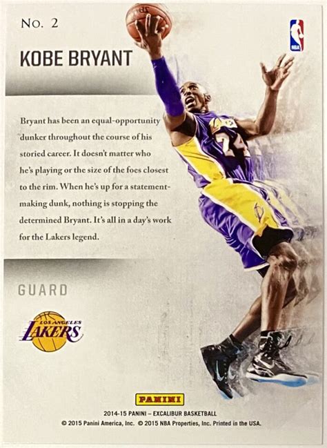 Kobe Bryant 2014 15 Panini Excalibur Basketball Los Angeles Lakers Slam