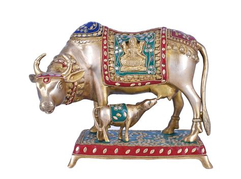 Brass Kamdhenu Cow With Calf Statue Stonework Holy Cow Idol Showpiece