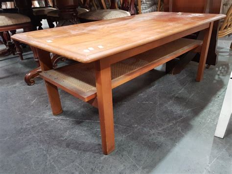 Lot Timber Coffee Table With Rattan Shelf Below