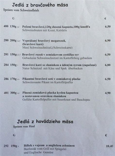 Menu Au Restauracia Stodola Bratislava