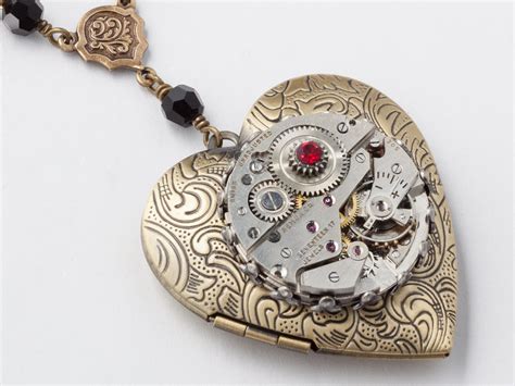 Steampunk Necklace Heart Locket Watch Movement Gears Gold Leaf Red