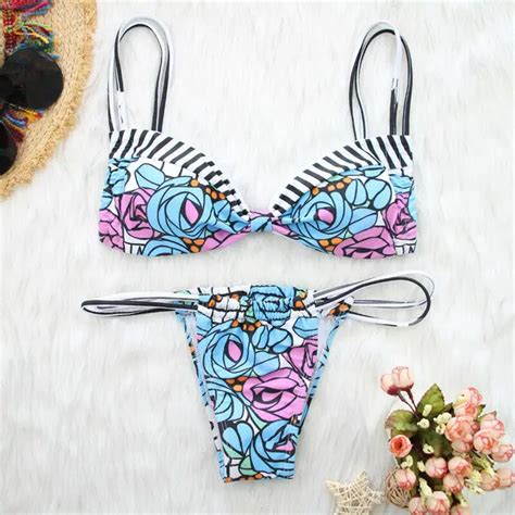 Summer Sexy Bikini Set Women Swimwear Printed Straps Push Up Padded Bra