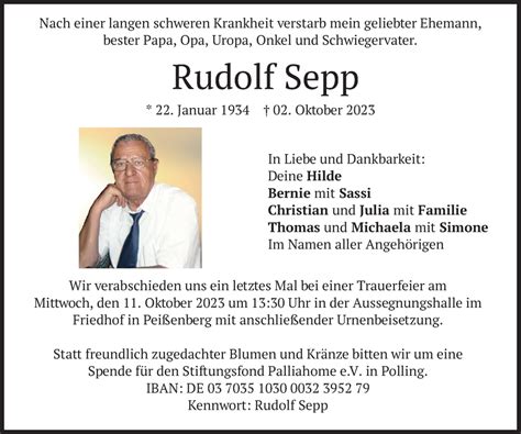 Traueranzeigen Von Rudolf Sepp Trauer Merkur De