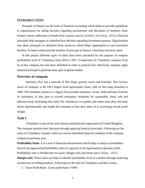 Principles Of Finance Analysis Of J Sainsbury S Financial Ratios And