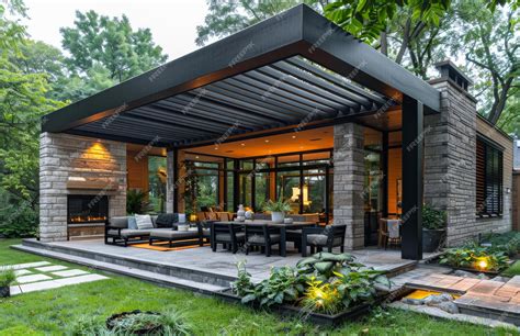 Premium Photo Modern Stone Patio With Pergola A Modern Patio With A