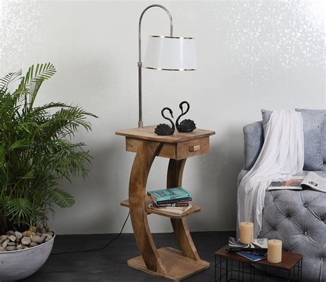 Buy Gabrielle Fabric Shade Shelf Floor Lamp With Wood Base Off White