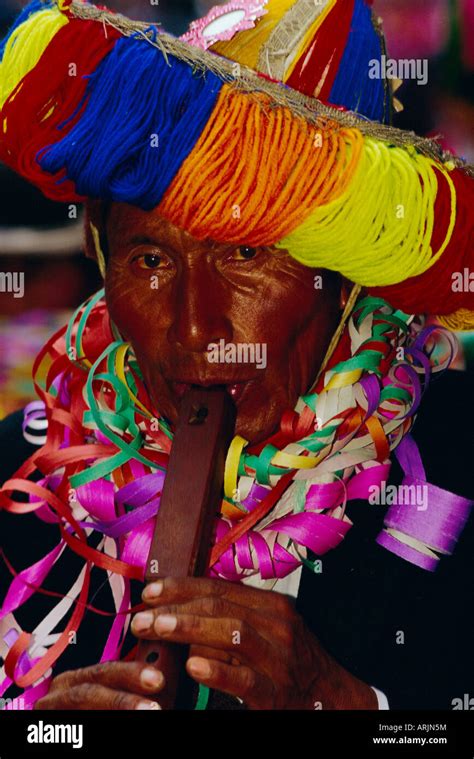 Portrait Of A Man Playing Typical Instrument Wooden Flute Oruro S