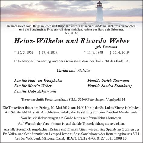 Traueranzeigen Von Heinz Wilhelm Und Ricarda Weber Trauer In NRW De