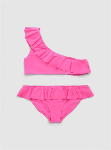Jednokolorowy bikini na jedno ramię z falbankami Rosa barbie chiaro Kup online Terranova sklep